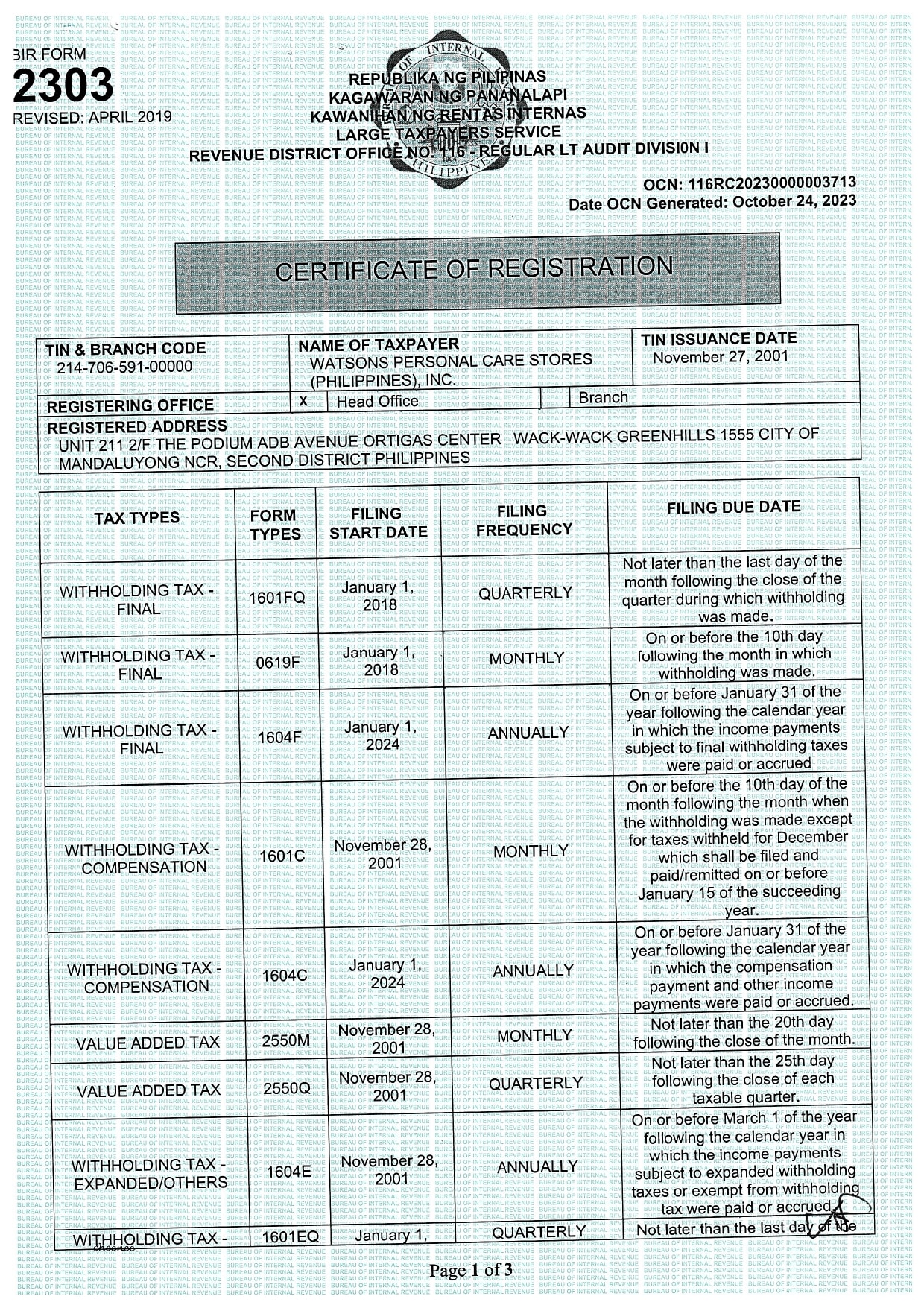 certificate of registration